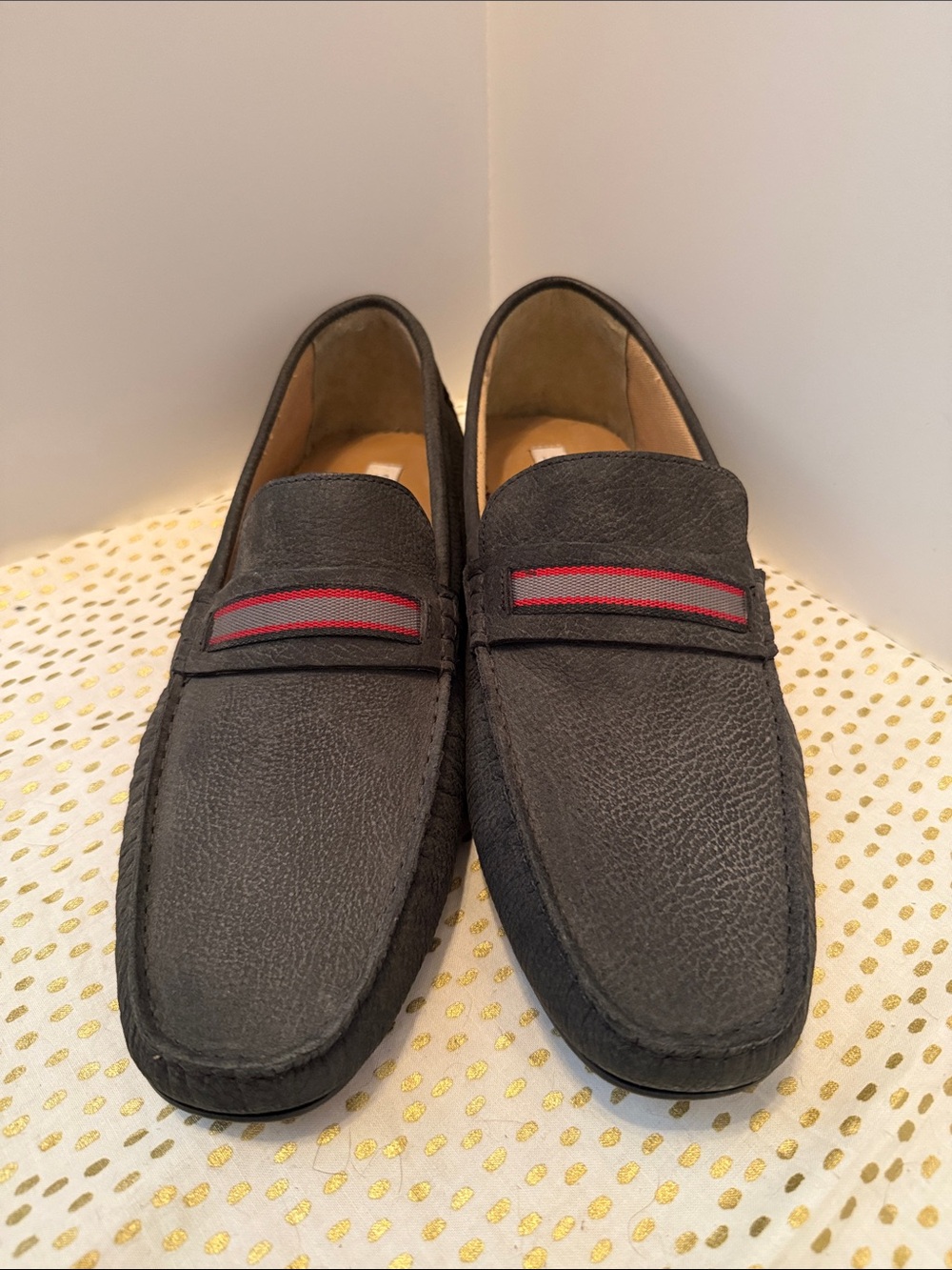 Steve Madden Black Pebbled Leather Slip-On Loafers with Red Stripe